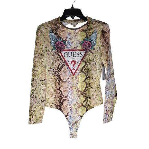 Guess Tops - Guess Snakeprint Long Sleeve Bodysuit Wings Rose Bling, S, NWT